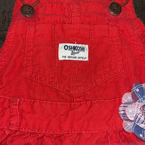 Oshkosh Bgosh Skirtall Girls Size 18m Red Corduroy Flower Tulle Overalls Dress - Picture 2 of 6